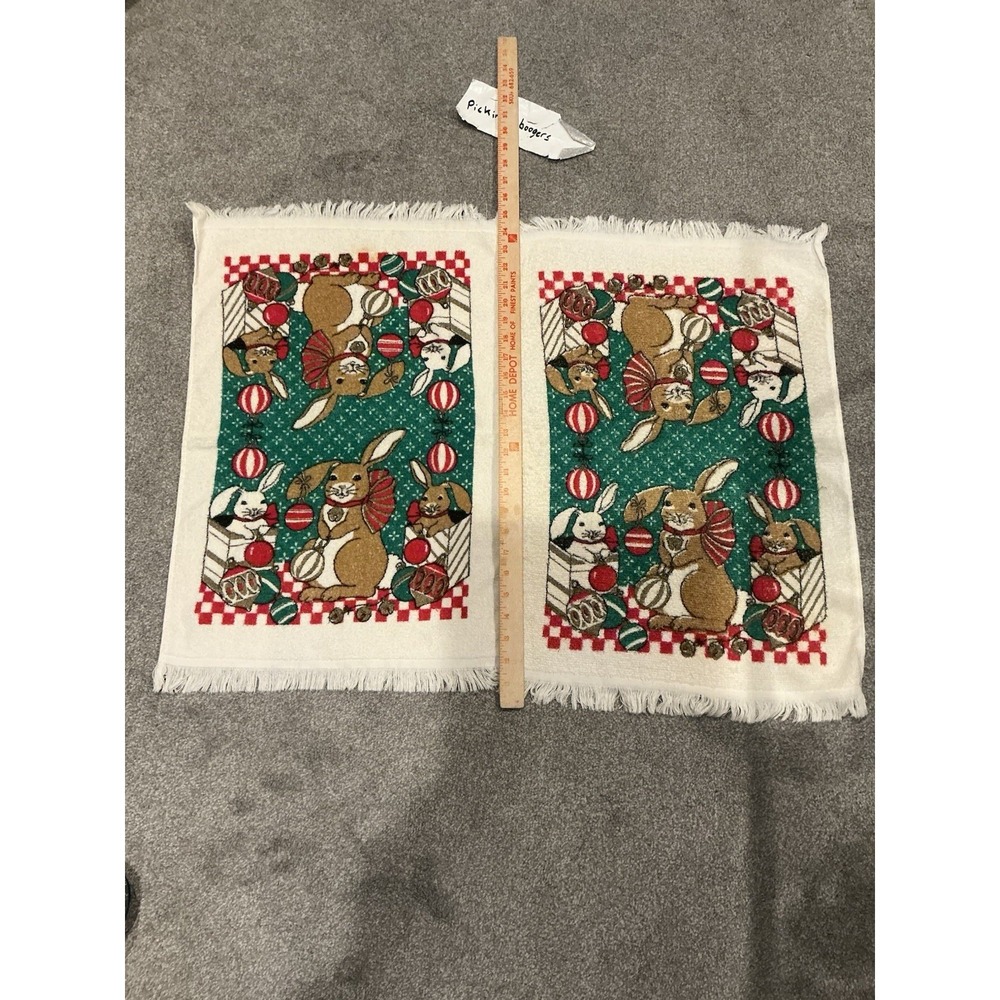 2 Vintage Christmas Bunnies / Ornaments Kitchen Terry Towel /Fringe Made in USA